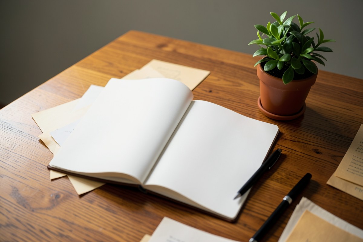 A neat desk with an open notebook, a pen, and a small green plant, representing editorial work and trustworthy content.