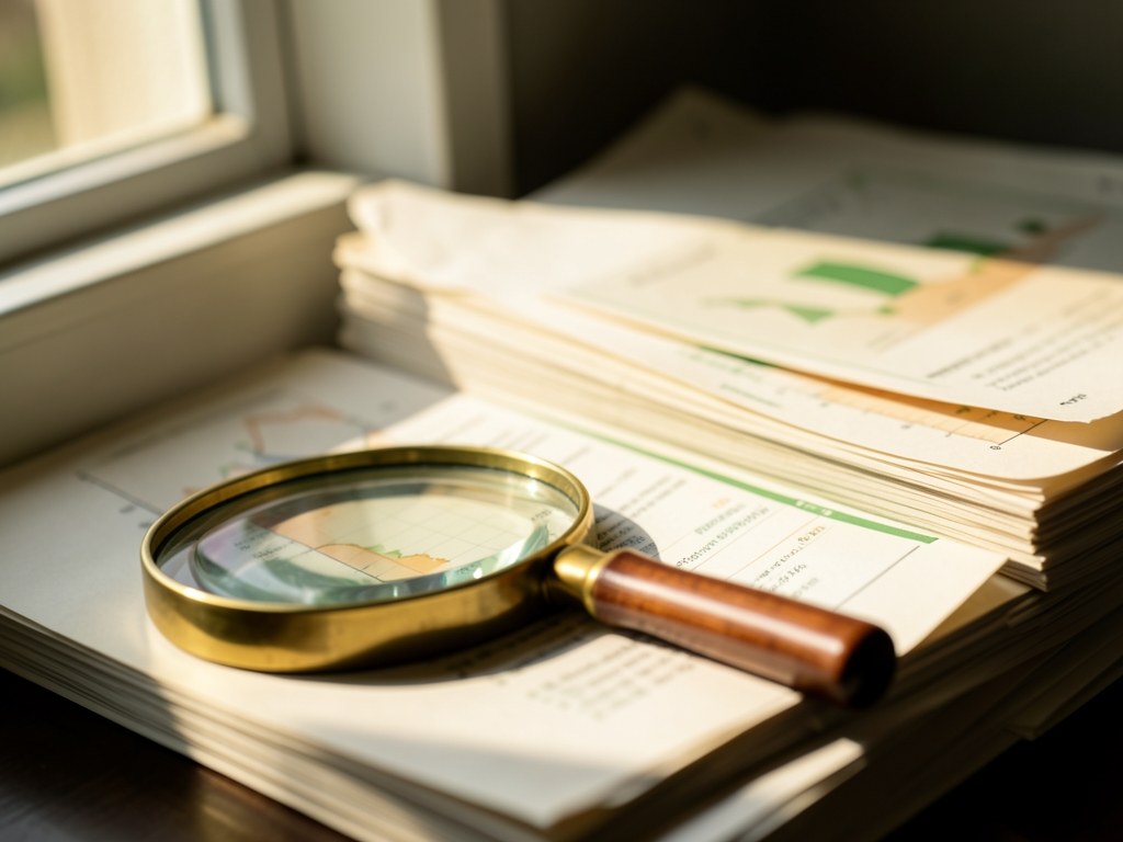 A magnifying glass over printed documents with charts, suggesting careful review and fact-checking.