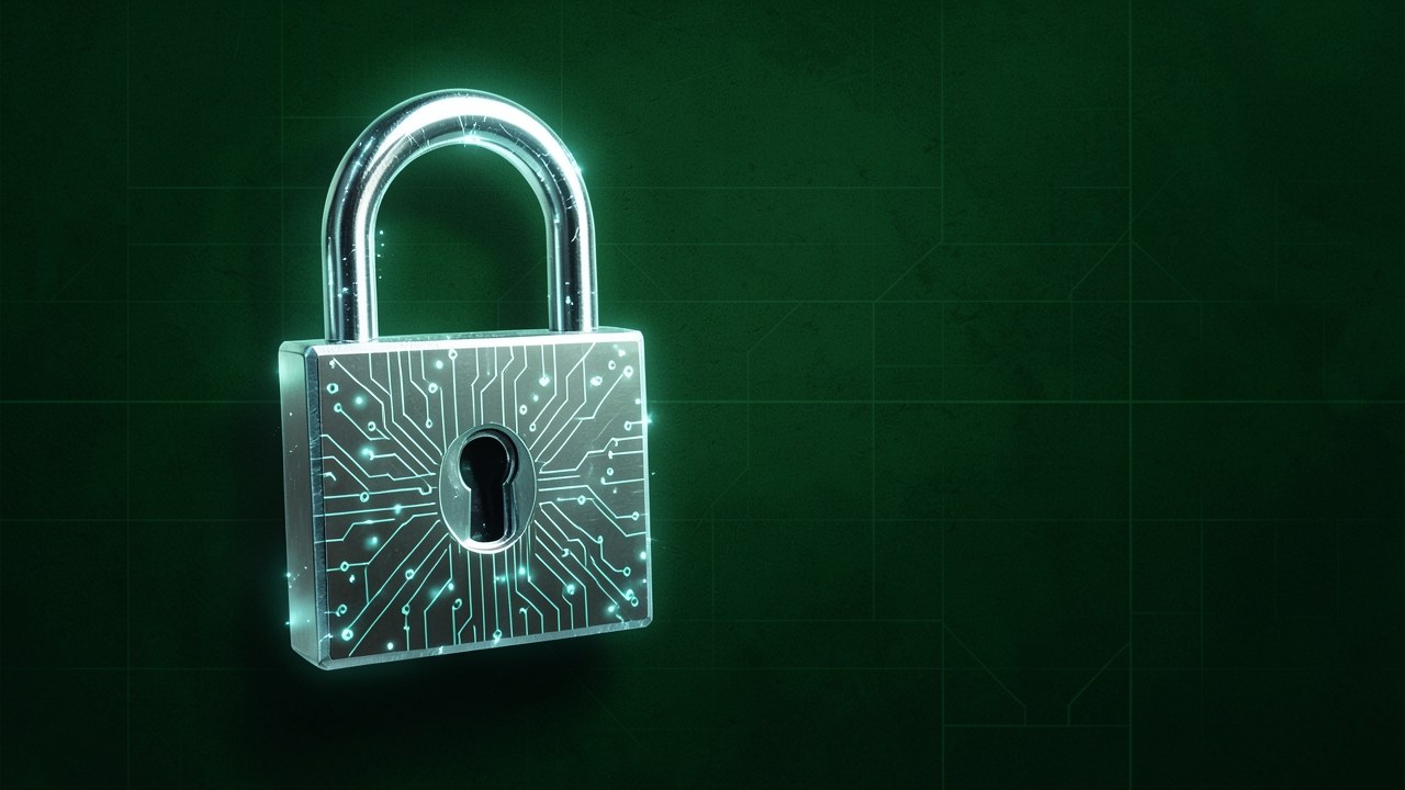 A padlock integrated with digital circuit lines, representing data protection.