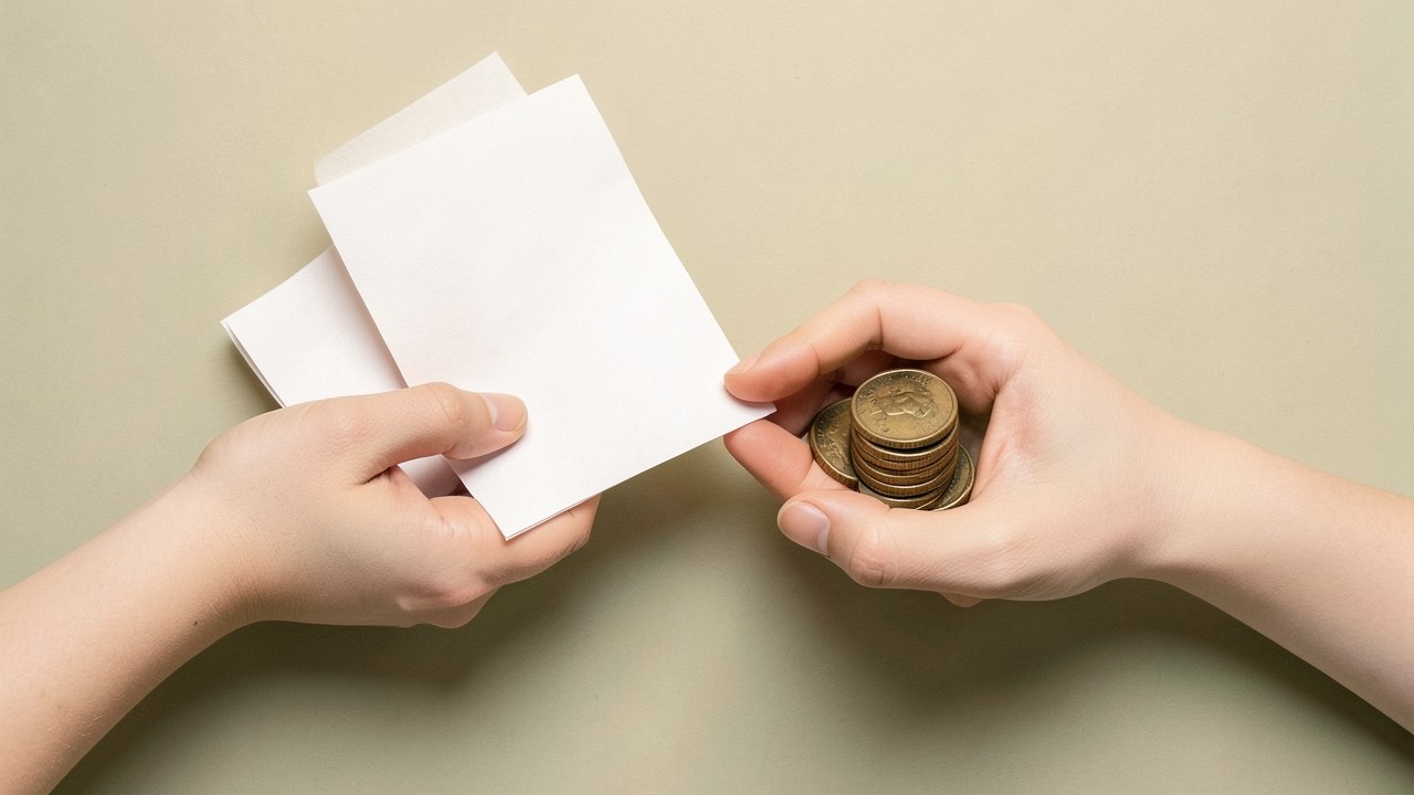 Two hands exchanging a folded document and a small stack of coins, representing a loan agreement.