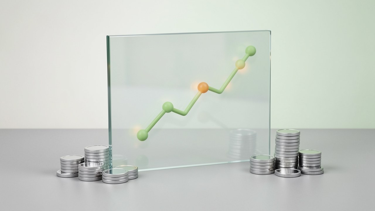 An upward-trending line graph on a clear screen with coins rising, representing interest rates.