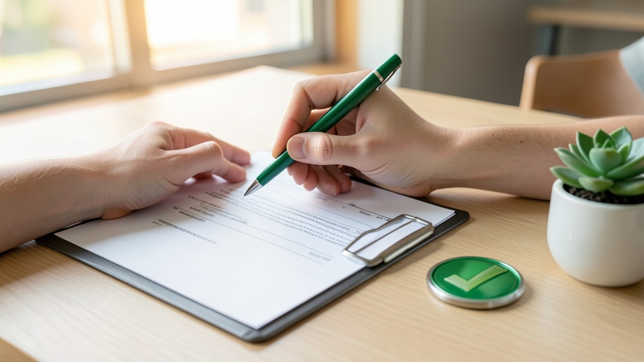 A person filling out an application on a clipboard with a green pen, with a small green checkmark icon nearby.