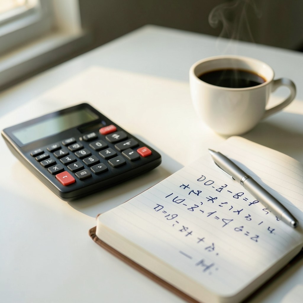 A small calculator, a pen, and a piece of paper with a simple handwritten equation, symbolizing calculation of loan payments.