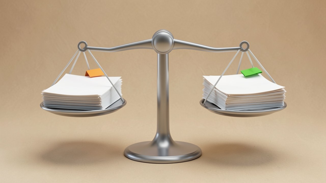 A balance scale with paper stacks on each side, representing comparison of loan offers.