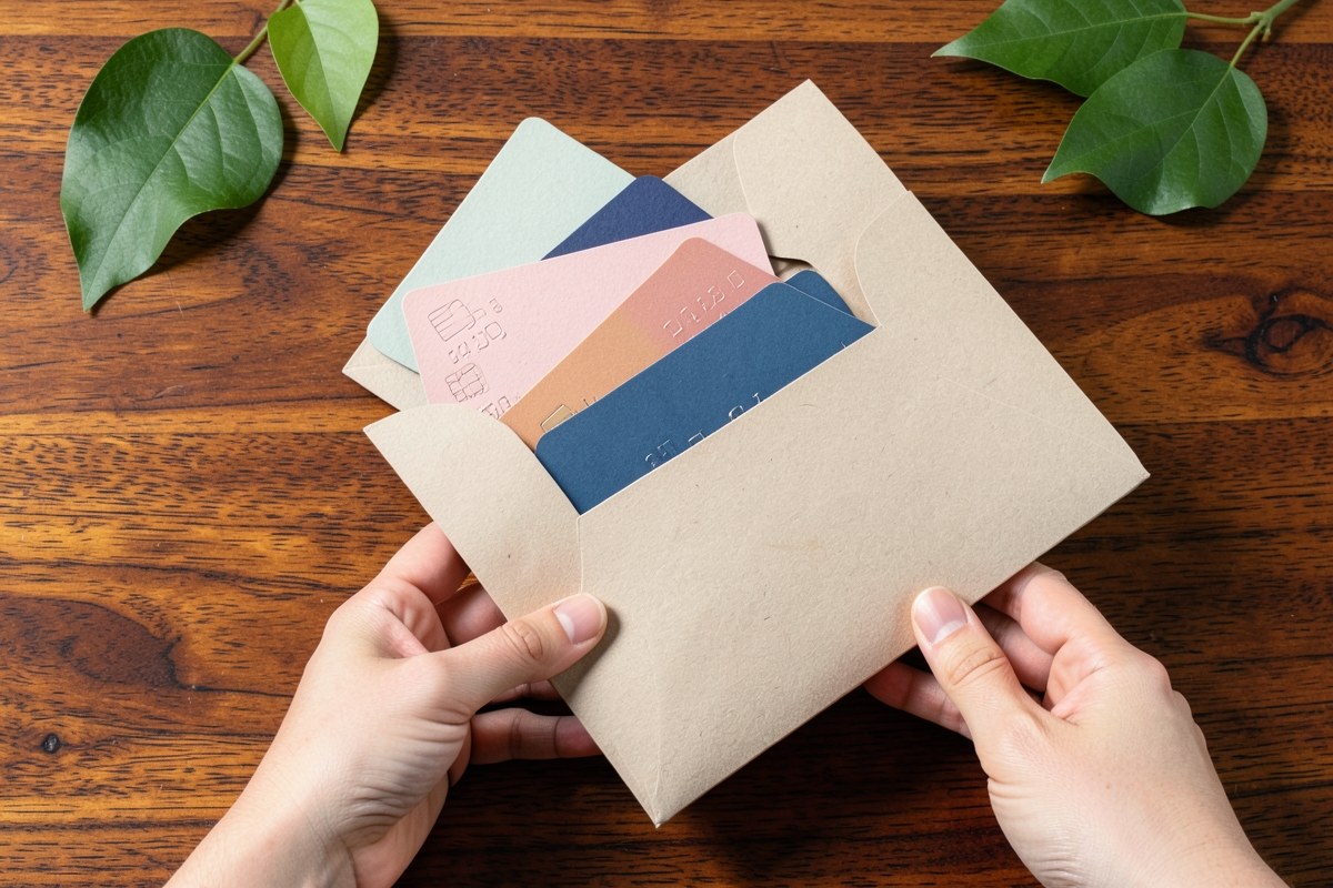 Multiple credit cards being pulled into a single paper folder, representing debt consolidation.