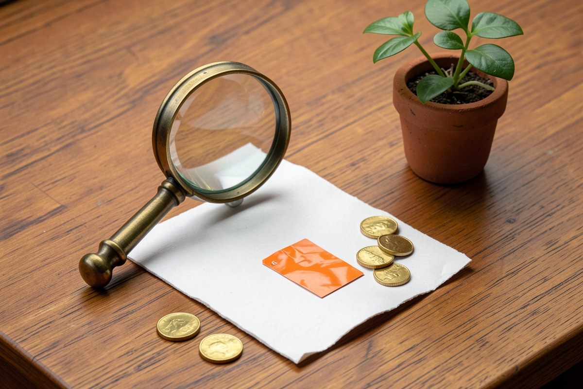 A magnifying glass over a document with coins and a fee tag, representing loan fees and hidden charges.
