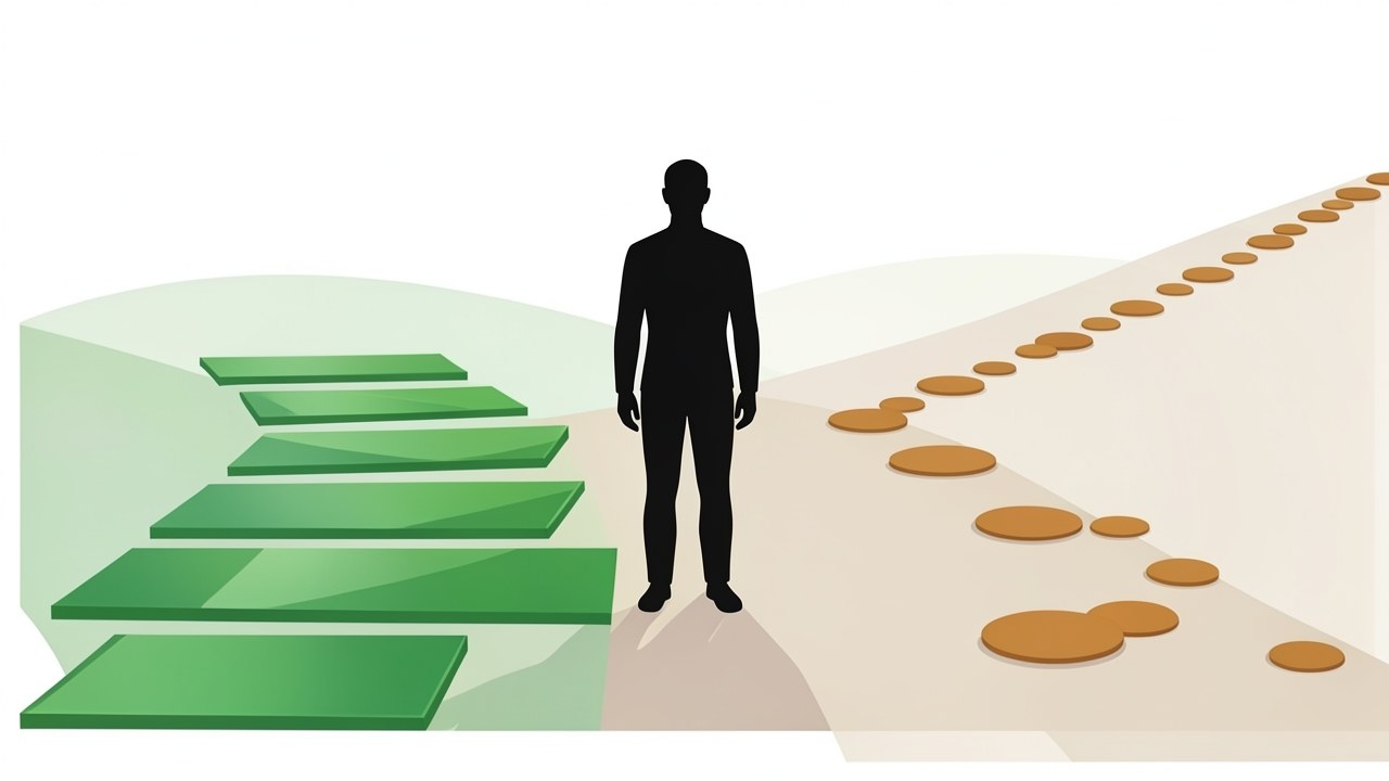 A minimalist line art showing two paths: one short with larger steps and one long with smaller steps, representing loan terms.