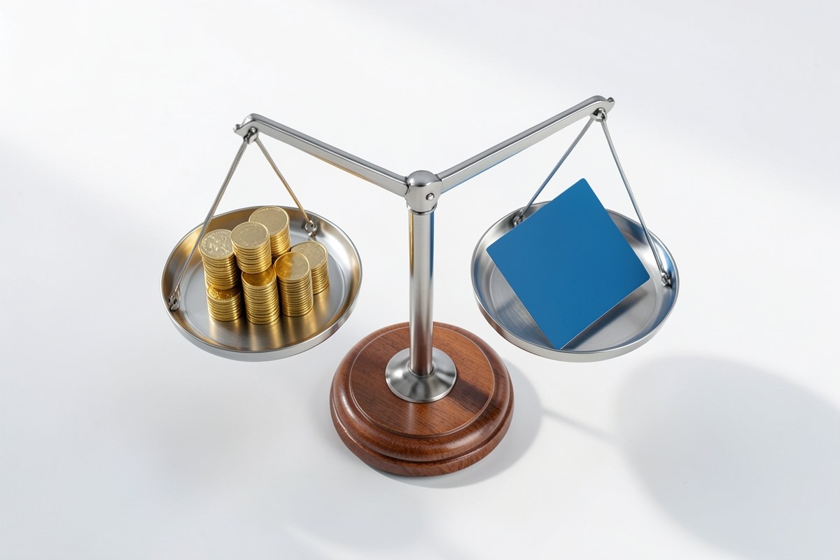 A coin stack and a credit card on a balance scale, representing comparison between a personal loan and a credit card.