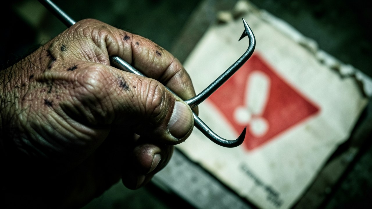 A hand holding a dangerous fishhook with a document and a warning sign in the background.